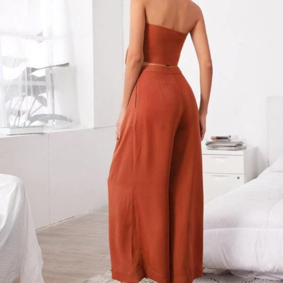 Boho 2 Piece Tie Front Tube Top & Pleated Wide Leg Pants Set burnt orange - Picture 5 of 12